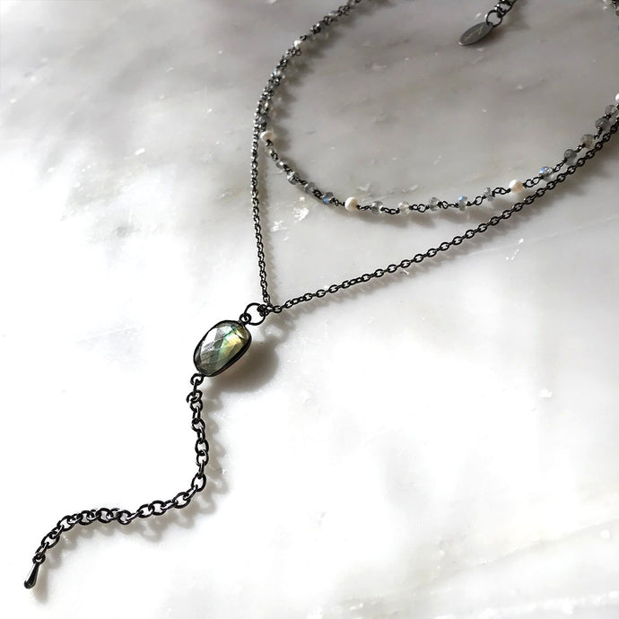 Moonstone&Pearl Double Chain Necklace