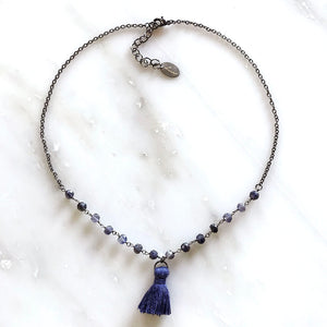 Blue Iolite Choker Necklace with Mini Tassel