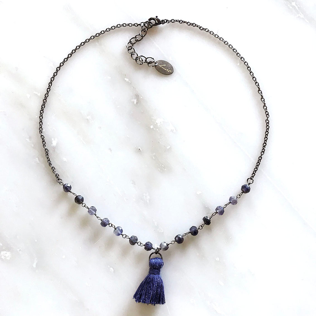 Blue Iolite Choker Necklace with Mini Tassel