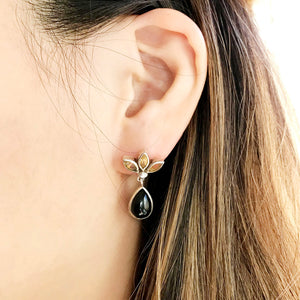 Boucles d'oreilles vintage en onyx noir et quartz citrine