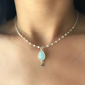 Aqua-Chalcedon-Halskette mit Mondstein-Rosenkranzkette 