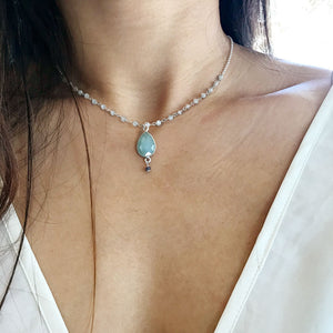 Aqua-Chalcedon-Halskette mit Mondstein-Rosenkranzkette 